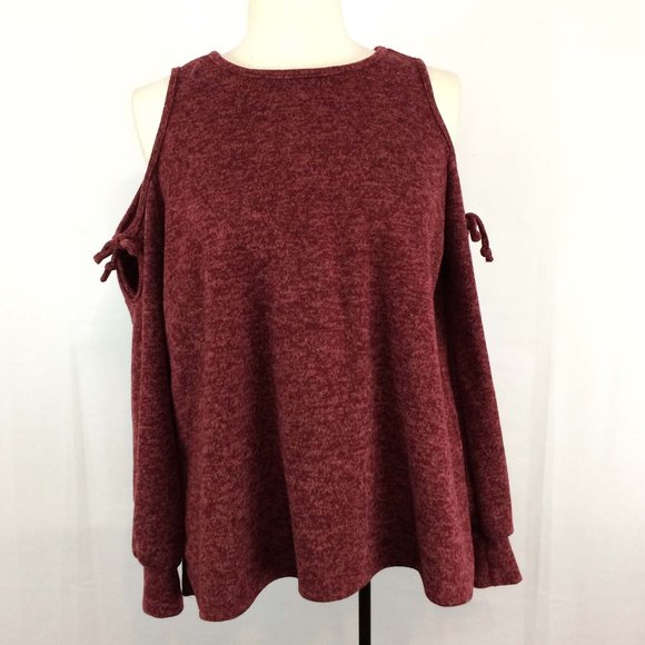 Lavender‎ Field Burgundy Cold Shoulder Top, Bows - Picture 1 of 7